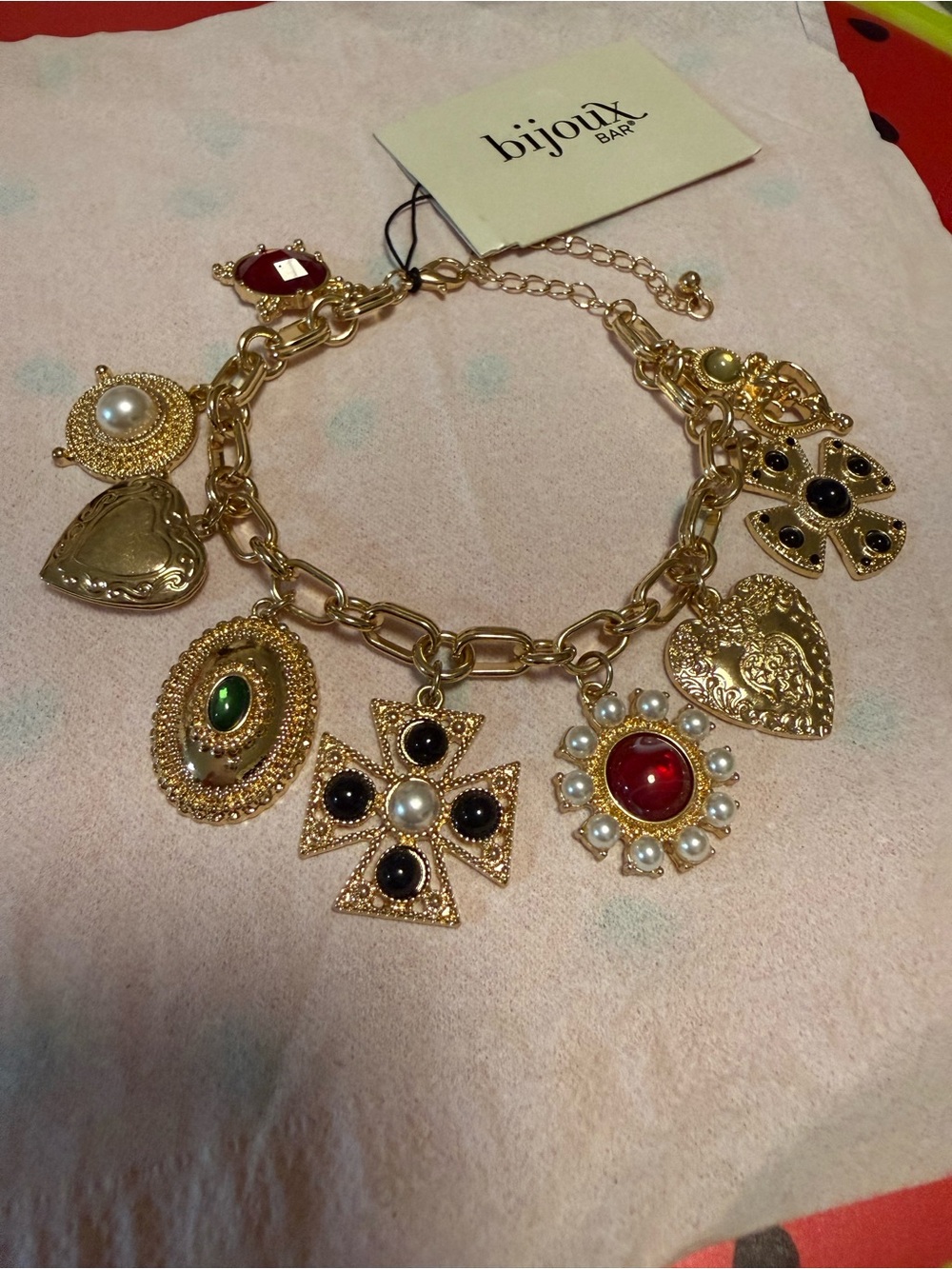 Bijoux Terner Gold Charm Necklace with Red, Black, Green and Pearl Accents